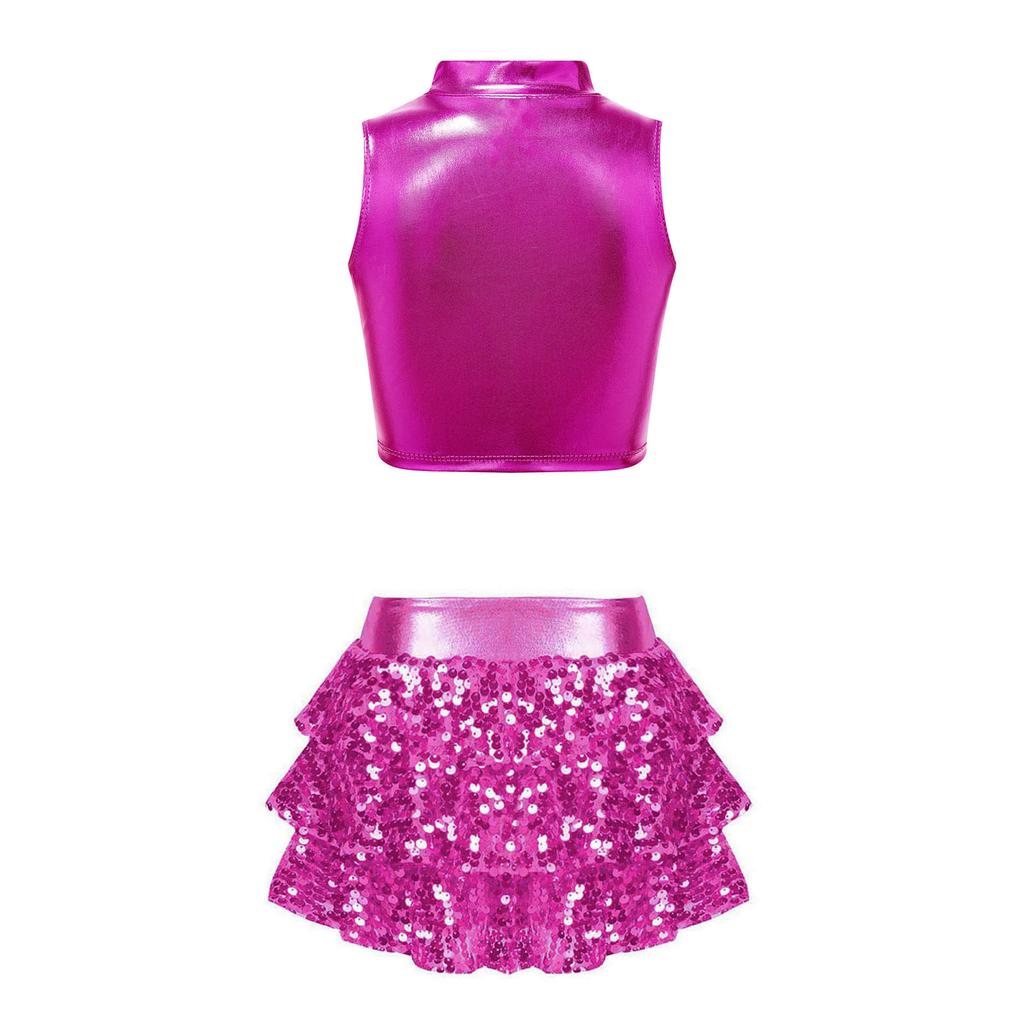 Girls Performance Set Metallic Sleeveless Mock Neck Crop Top Shiny Sequins Tiered Ruffle Skirted Shorts