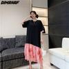 Dimanaf 2023 Plus Size Summer T-Shirt Dress Women Cotton Loose Dress Beach Mesh Female Dresses O-Neck Pink