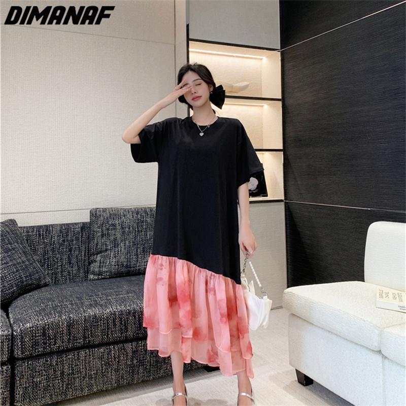 Dimanaf 2023 Plus Size Summer T-Shirt Dress Women Cotton Loose Dress Beach Mesh Female Dresses O-Neck Pink