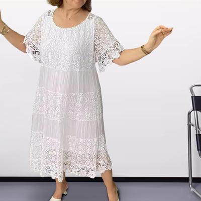 Yousheng Summer Women Dress Lace Patchwork Round Neck Short Sleeves Hollow Out Flower Embroidery Pleated Loose Mid-calf Length Shopping Dating Dress