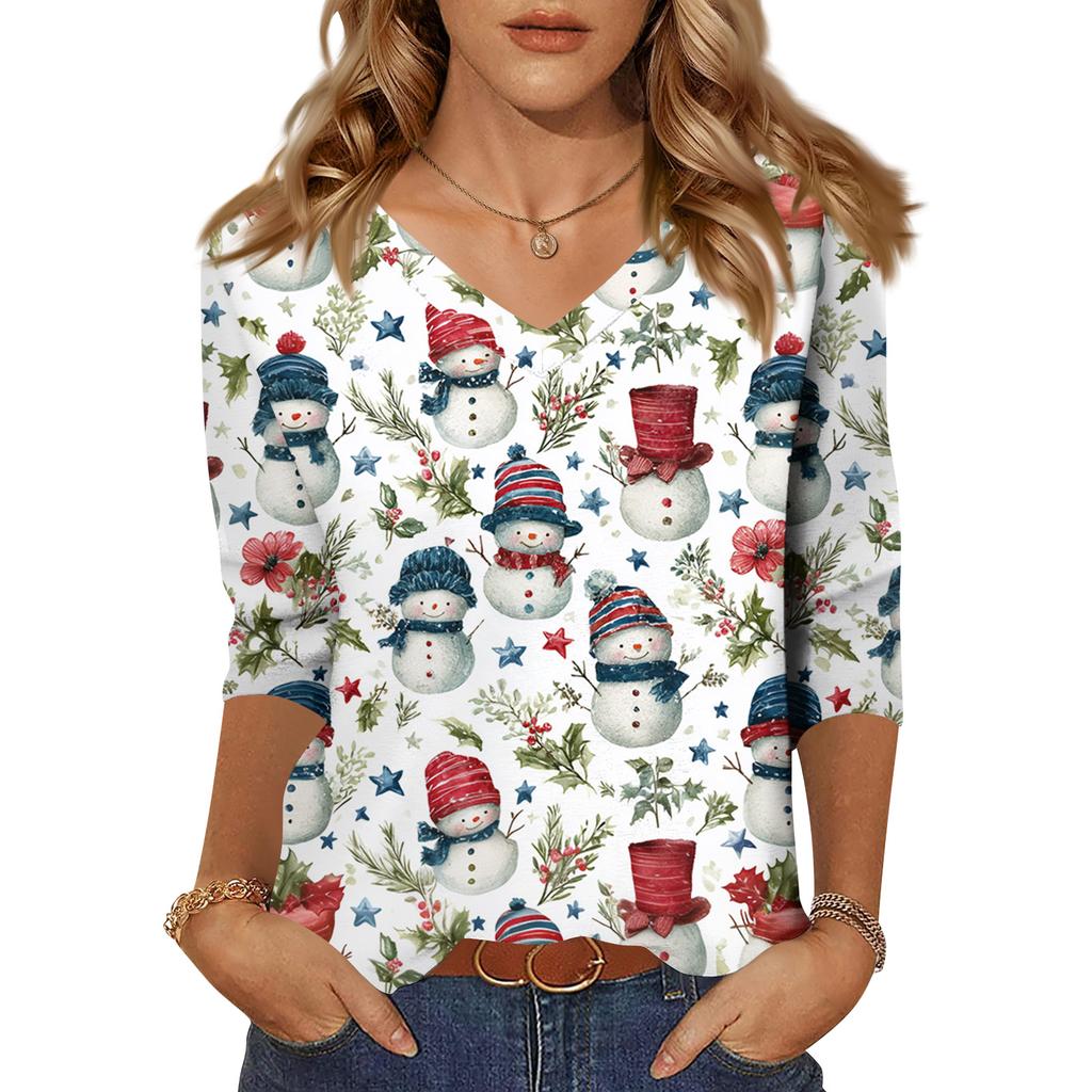 Women's Tops Three-quarter Sleeve Shirt V-neck Loose Casual Shirt Print T-shirt