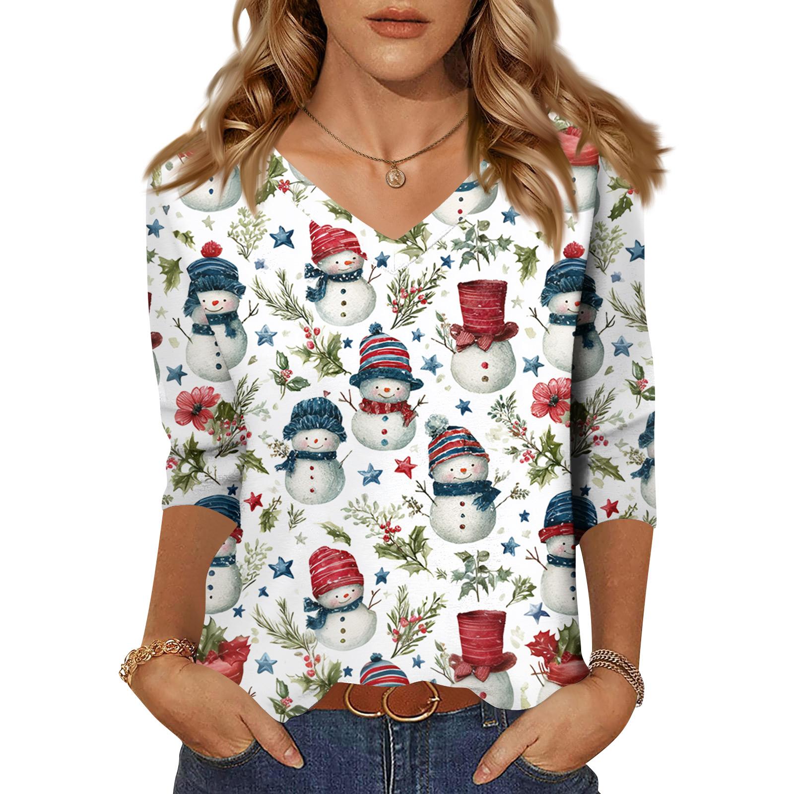 

Женские топы Рубашка с рукавом три четверти V-образный вырез Свободная повседневная рубашка Футболка с принтом S белый