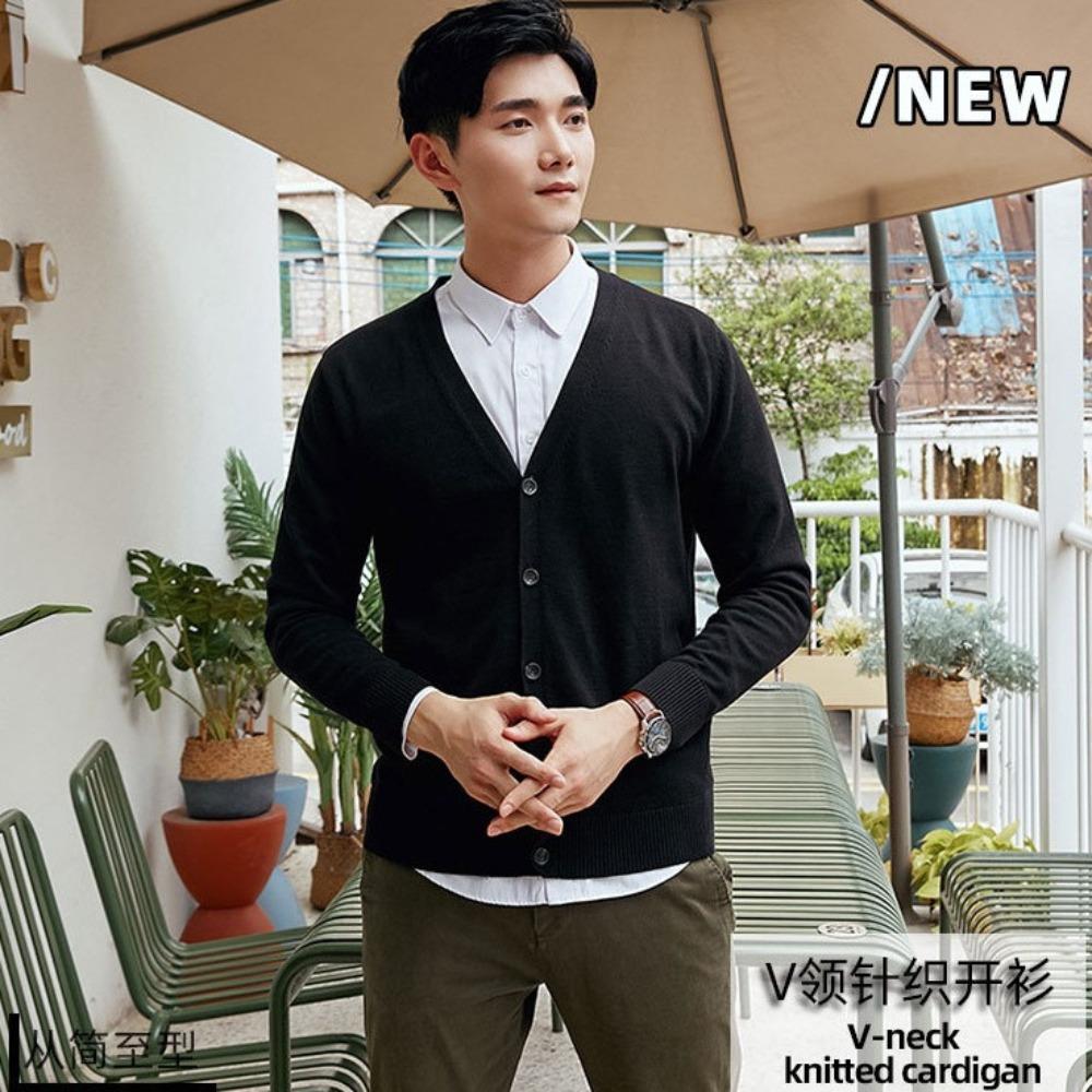 Men 100% Cotton V Neck Knit Cardigan, Slim Fit Long Sleeve Korean Style Casual Sweater Jacket for Autumn Winter