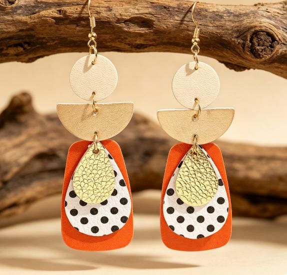 Retro Geometric Patchwork Polka Dot Leather Earrings: Colorful, Fashionable, Exaggerated Women's Dangle Ornaments