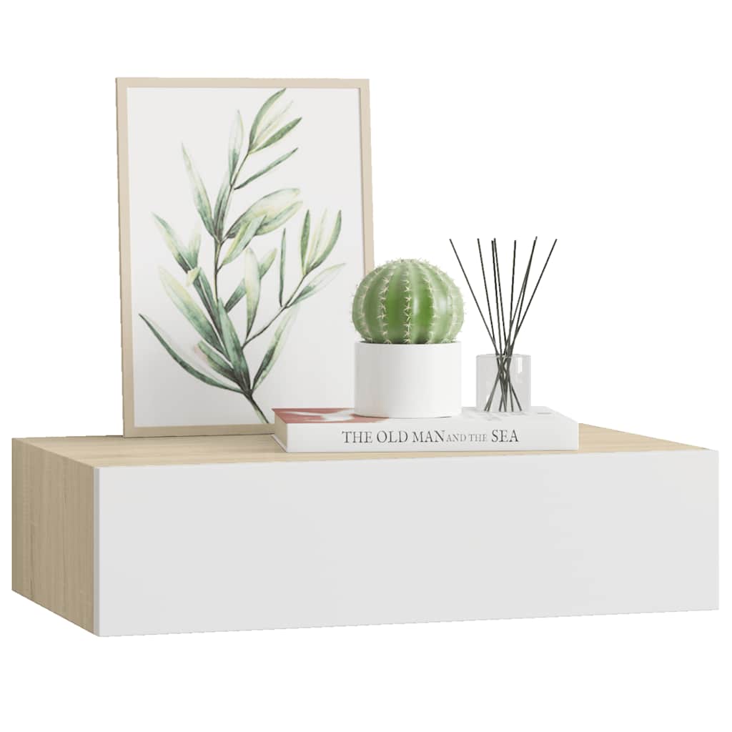Vidaxl Półka Ścienna Z Szufladą, Dąb I Biel, 40 X 23,5 X 10 Cm, Mdf