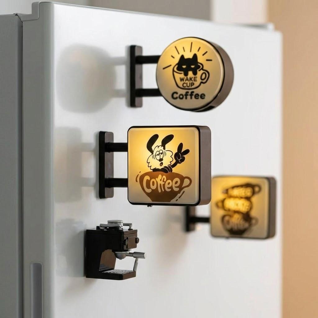 Creative Atmosphere Coffee Corner Light Sign Retro Style Magnetic Glowing Fridge Magnet Miniature Pegboard Refrigerator Sticker