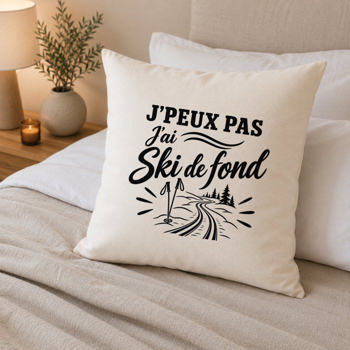 Housse de Coussin J’peux pas j’ai Ski de fond J'peux pas minimaliste | Coton Canvas Fairtrade 305 g/m² Zip Invisible Taille 40×40