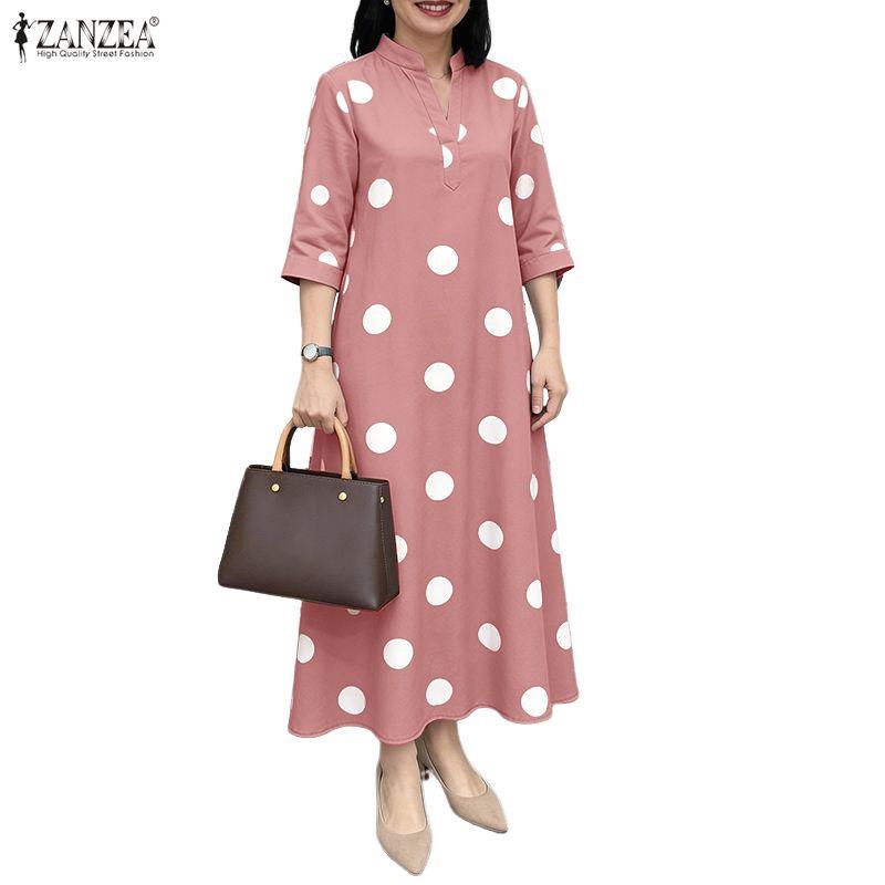 ZANZEA Damen Freizeit V-Ausschnitt 3/4 Ärmel Locker Gepunktetes Midi-Kleid