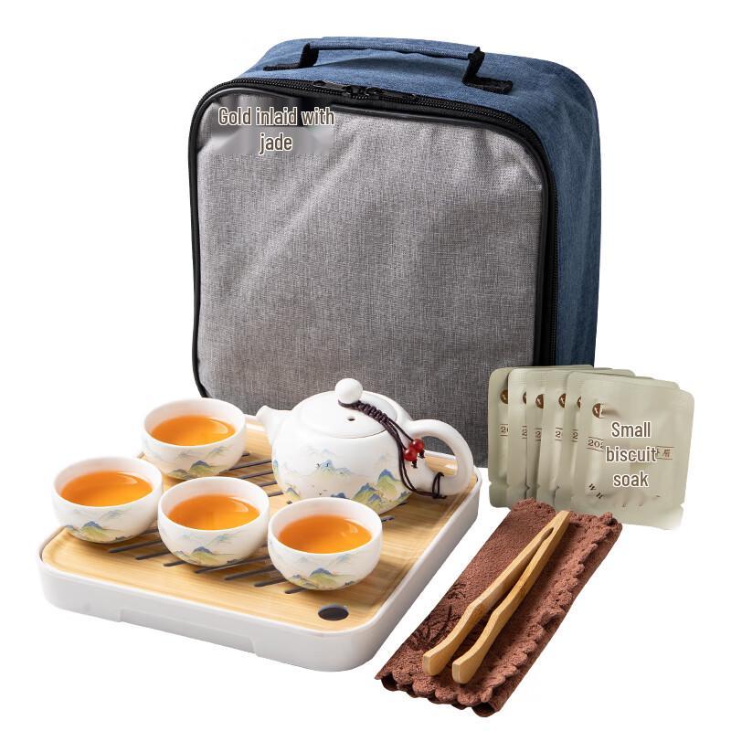 Gold-Inlaid Jade Landscape Ceramic Travel Tea Set