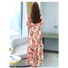 Summer Fashion V-neck Floral Printing Maxi Dress Women Short Flare Sleeve Elegant Temperament Robe Vestidos