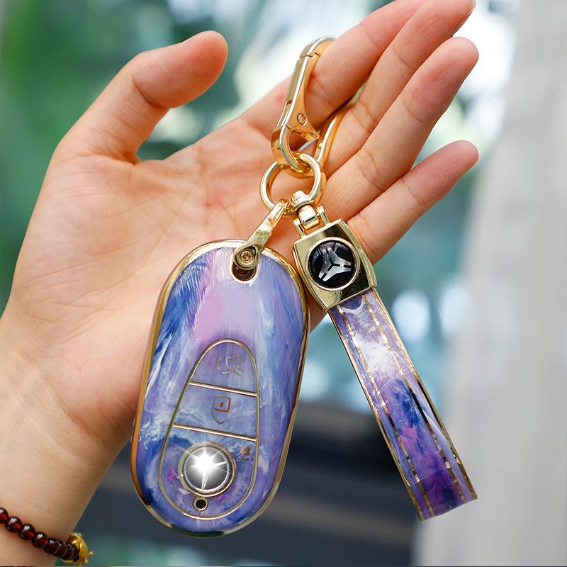 Mercedes-Benz Key Case for C260, LC200L, S400 Maybach, EQE, GLC with Gold Inlaid Jade Shell