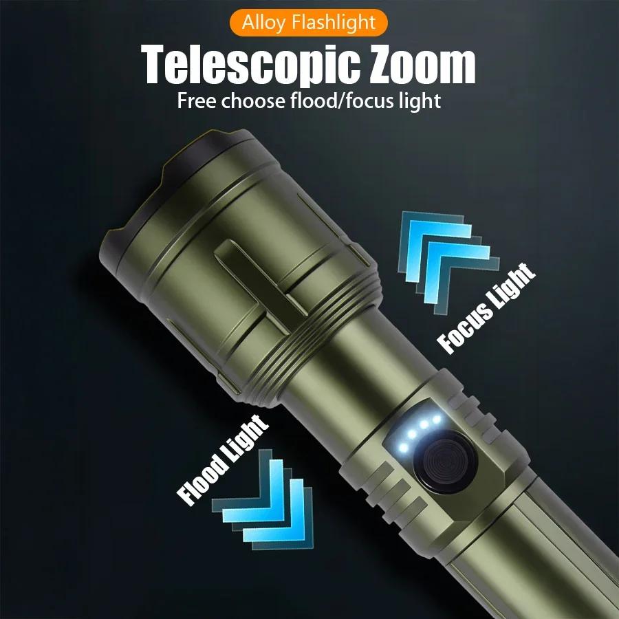 USB-C Rechargeable Tactical Flashlight with Flame Ignition Powerful LED Zoomable Torch for Outdoor Camping Adventure & Emergency