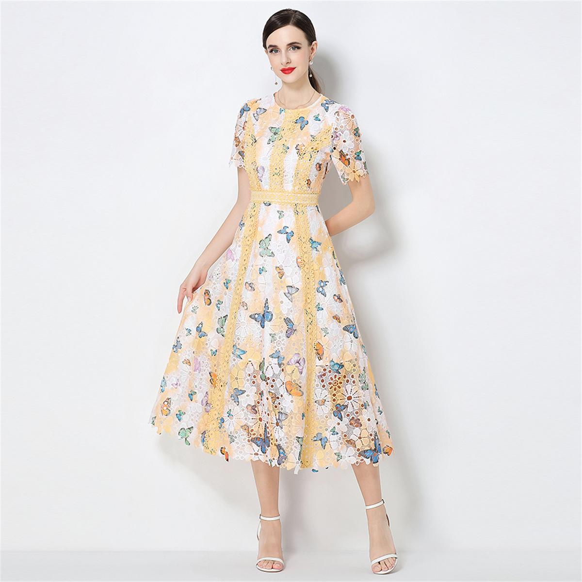 

Summer Vintage Water-Soluble Lace Splice Slim Midi Dresses for Women Round-Neck Fitted Short-Sleeve Butterfly Print Party Dress XXL жовтий