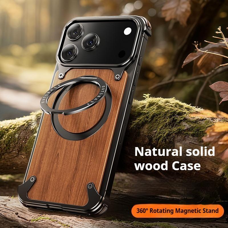 Eary Magnetic Wooden Case for iPhone 17 Pro Max Air for MagSafe Wireless Chargers 360°Rotating Stand Aluminum Solid Wood Shells