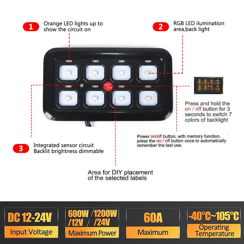 6/8 Gangs Universal LED Switch Panel 12V Light On-Off Control Relays System Slim Electronic Relay System for SUV Boat Caravan