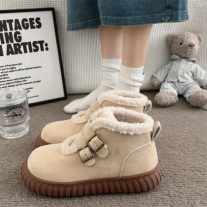 

Женские плюшевые сапоги с широким голенищем, большого размера, на толстой подошве, увеличивающие рост, зимние, теплые, меховые, сапоги-сноубутсы, на подкладке, ботильоны до щиколотки, нескользящие, походные кроссовки, хлопковые сапоги 40