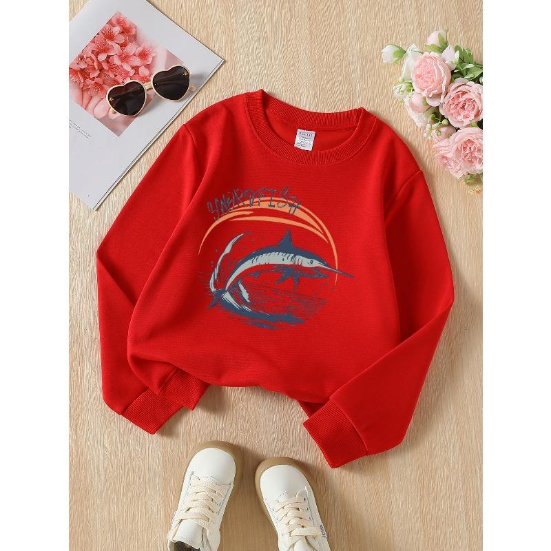 European Sizes Crew Neck Fashion Sweatshirt with Swordfish Jumping Over Ocean Waves, Autumn Winter Long-Sleeved Top for Young Girls.