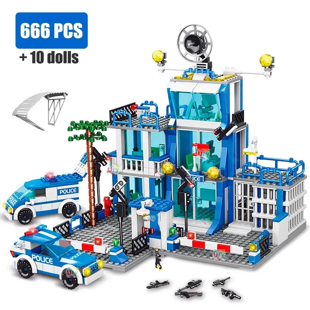 City police station building block group boy DIY car brick police station model building children's educational toy gift