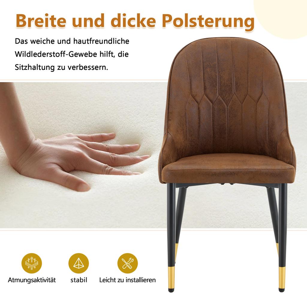 Set of 2 Dining Chairs with Brown Technology Fabric, Lightning Pattern Backrest, Thickened, Highly Elastic Padding, Sturdy Metal Frame