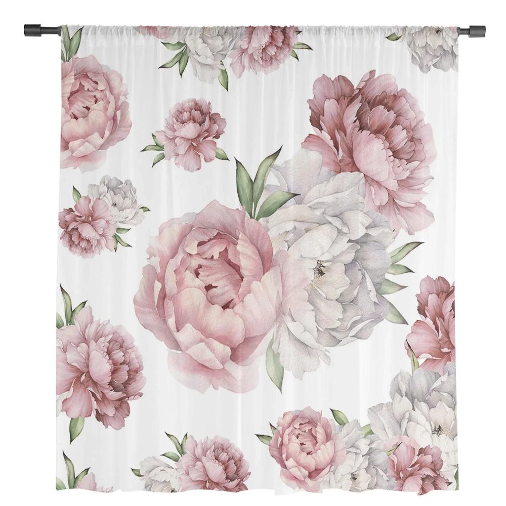 Vintage Flowers Pink Peony White Sheer Curtains for Living Room Decoration Window Curtain Kitchen Tulle Voile Organza Drapes