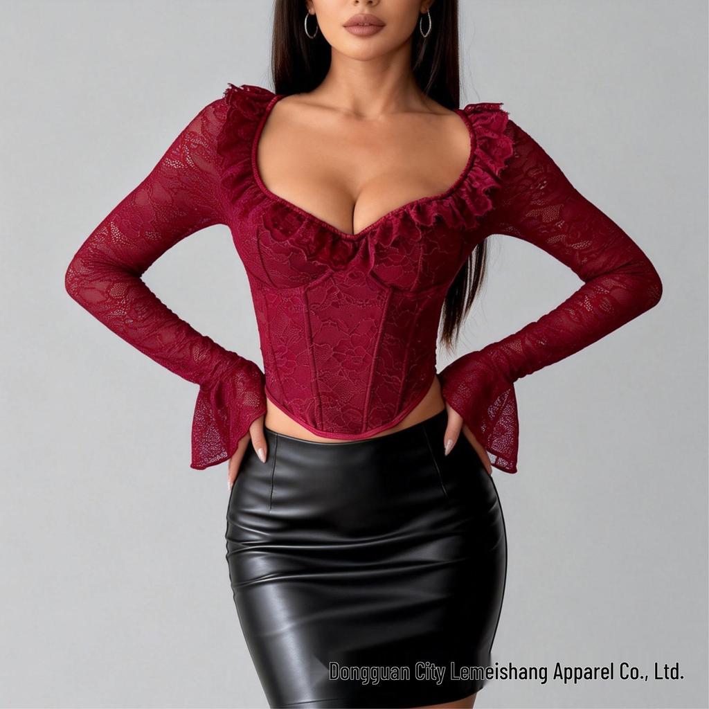 Schmal geschnittenes floral spitzenbesetztes Bügel-Top - Sexy Langarmhemd