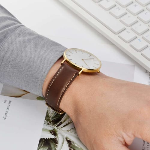 WOCCI 24mm Replacement Watch Strap, Vintage Genuine Leather Watch Band, Dark Brown with Gold Buckle