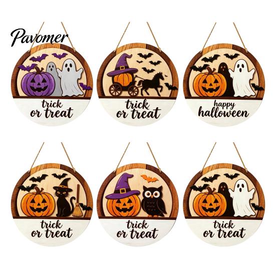 Layered Wood Craft Halloween Round Door Hanger, 3D Pumpkin Ghost Owl Welcome Sign, Solid Plaque Farmhouse Front Wall Hanging Decor for Home