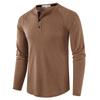 European and American Style Men’s Solid Waffle Henley Shirt Long Sleeve T-shirt Buttoned Round Neck Top