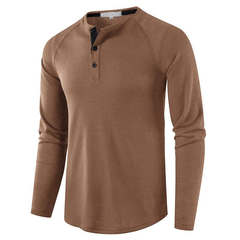 European and American Style Men’s Solid Waffle Henley Shirt Long Sleeve T-shirt Buttoned Round Neck Top