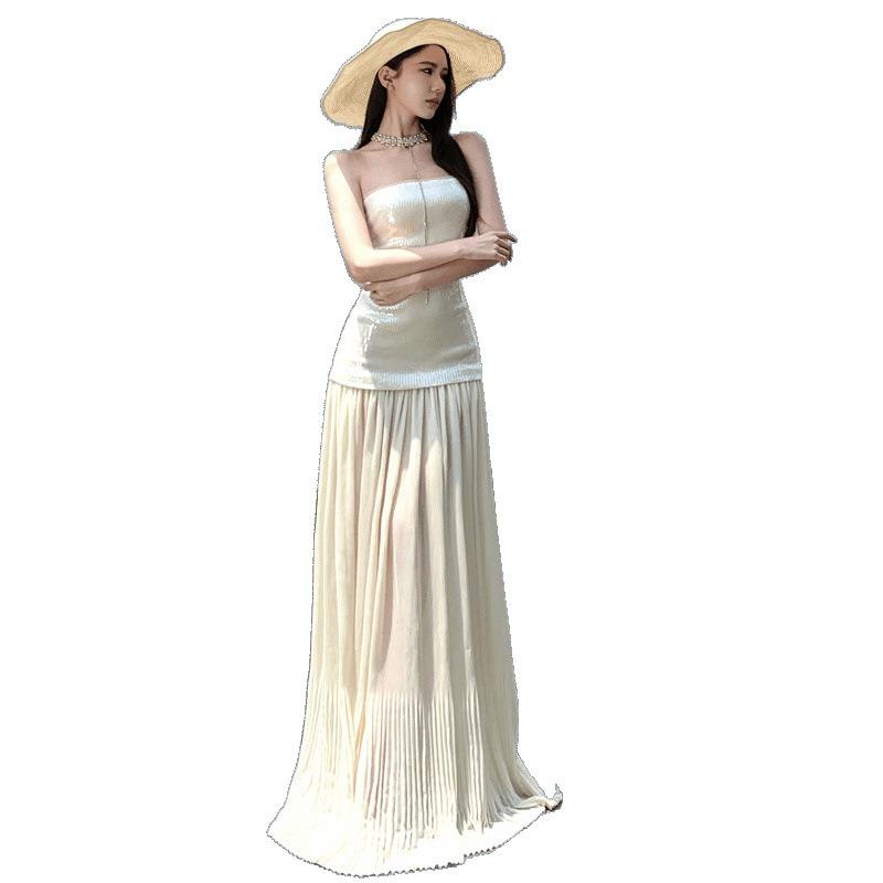 Seaside Vacation Long Dress Summer High Sense Socialite Mopping Chiffon Dress Tube Top Sequined Dress Women