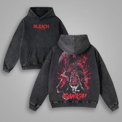 Anime Bleach Zaraki Kenpachi Print Hooded Men Women Hoodies Vintage Washed Sweatshirt Casual Cotton Pullover Harajuku Streetwear