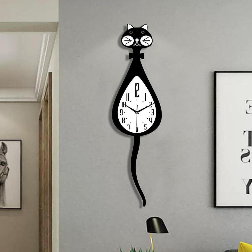 Cat Shaped Wall Clock Display Modern No Ticking for Office Gift Drawing Room