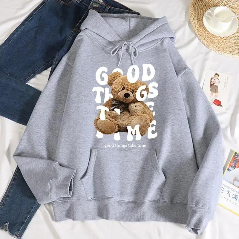 Хорошие Вещи Приходят Медведь Принт 2025 Осень Зима Худи Флис Женская Худи Повседневные Удобные Толстовки Модный Пуловер S