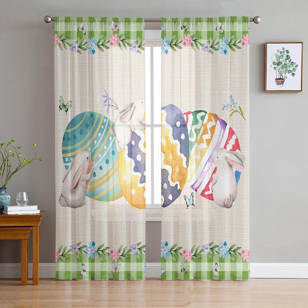 Easter Bunny Egg Tulle Curtains For Living Room Bedroom Voile Sheer Curtain Window Home Decor Drapes