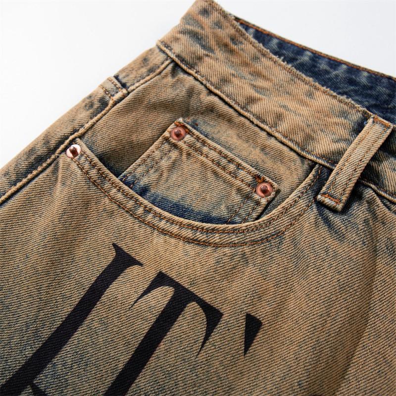 Mens Distressed Letter Print Loose Straight Leg Jeans Streetwear Wide Denim Pants