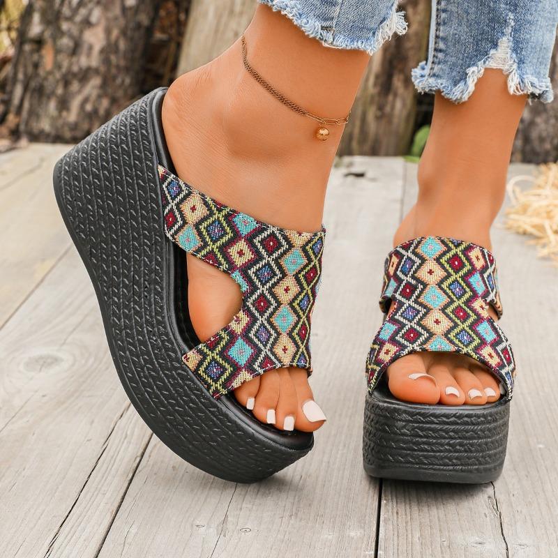 Women’s Canvas Wedge One-Strap Sandals, Thick Sole Summer Beach Slides