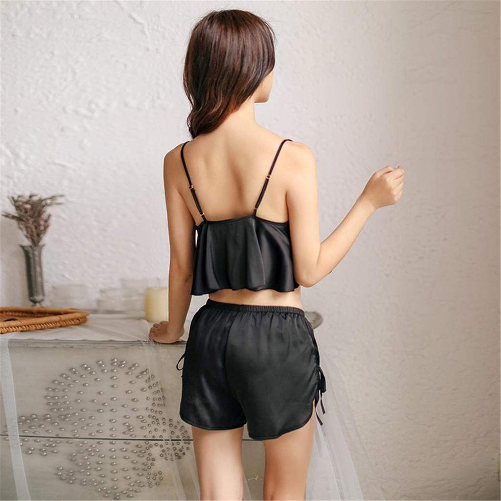 Satin camisole pajamas top and bottom open cropped sexy underwear set, back, cami, shorts, women's nightwear, loungewear, sleepwear, lingerie,