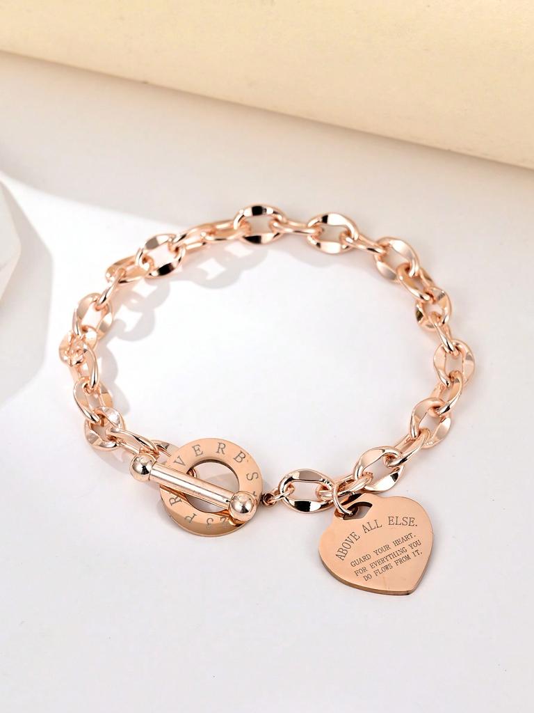 1pc Women's Stainless Steel Classic Heart Engraved Toggle Clasp Titanium Steel Chain Bracelet Valentines,Mom,Mother,Mother's Day,Gift