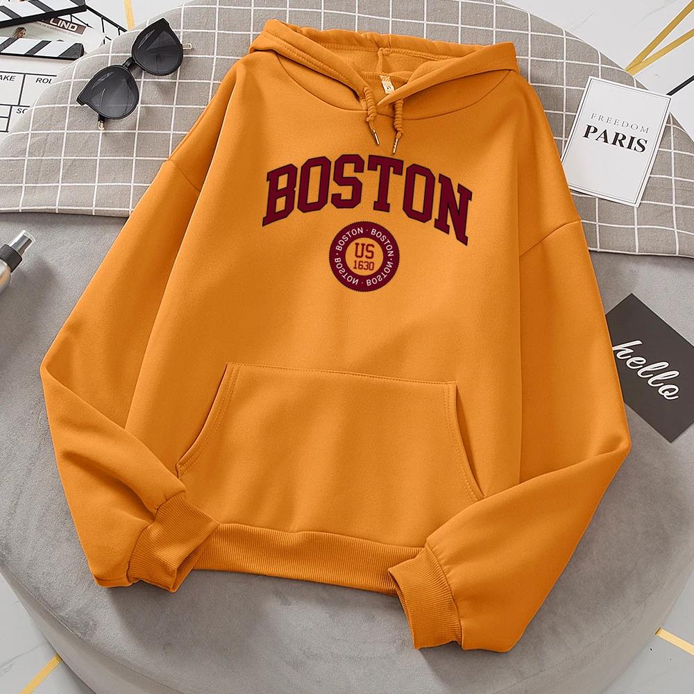 Boston City Us Gegründet 1630 Hoodies Damen Warm Bequeme Pullover Mode Lässig Damen Kapuzen Basic All Match Sweatshirt