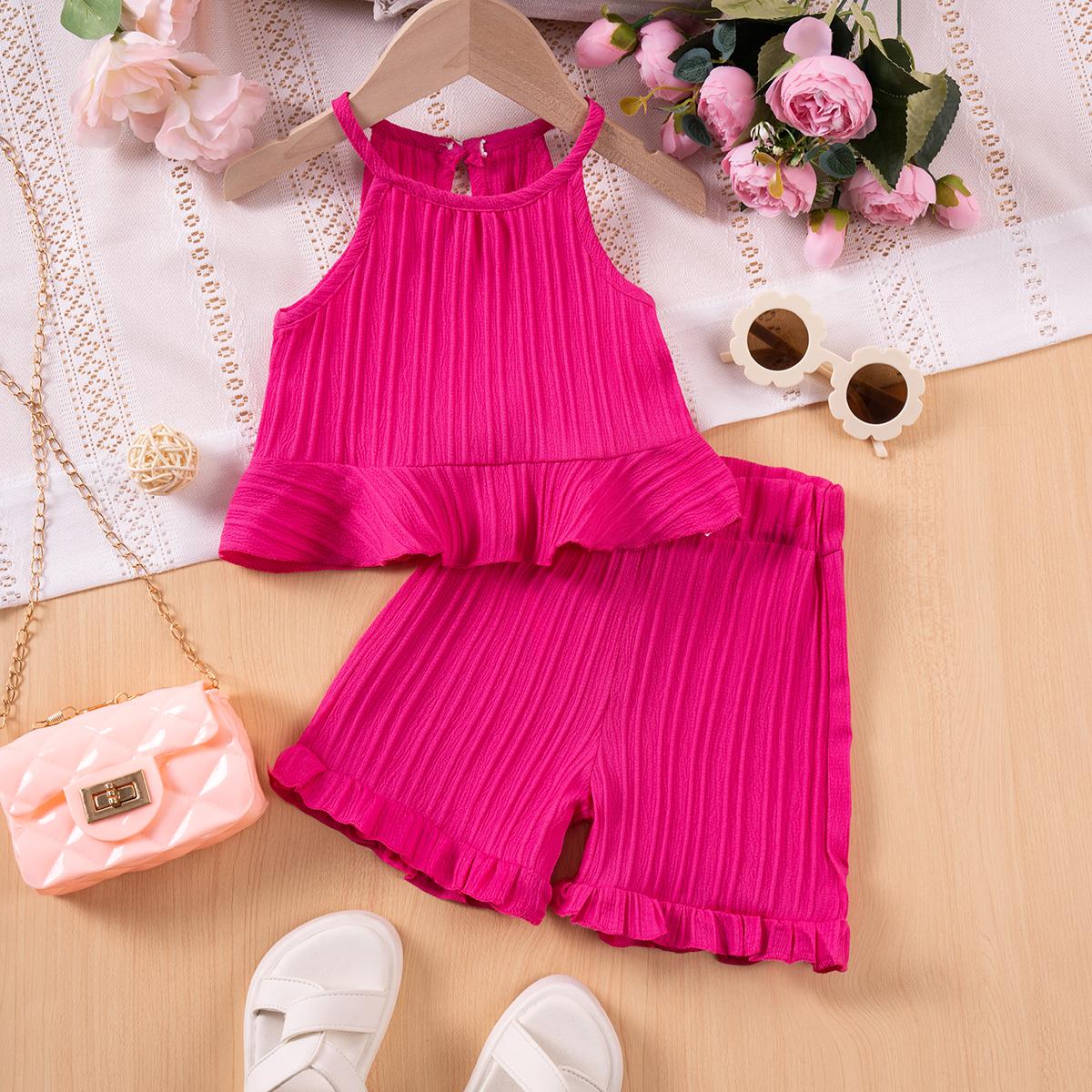 Nieuwe Zomer Mode Sets voor Meisjes Mouwloze Ruche Tanktop & Shorts Effen Kleur Tweedeelige Outfit voor Peuter Meisjes 100(2-3T) helder roze
