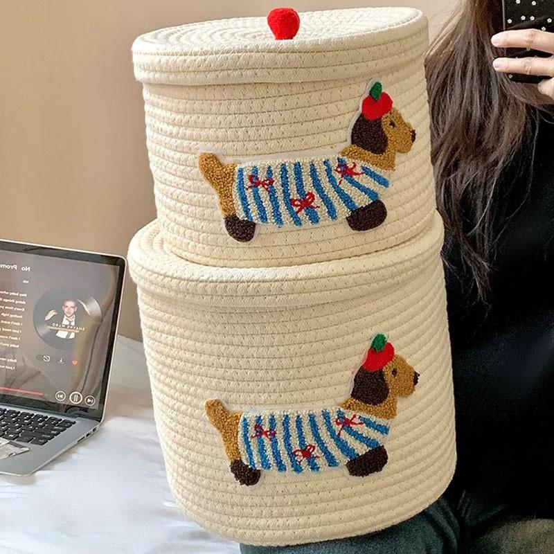 Cotton Rope Storage Basket With Lid Desk Living Room Kids Toys Remote Controllers Stationery Small Items Dog Shape Organizer