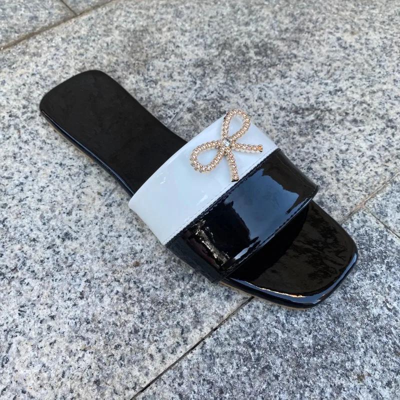 Fashion Rhinestone Bow Colorblock Square Head Open Toe Soft Bottom Non-Slip Wear-Resistant Low Heel Flip-Flops