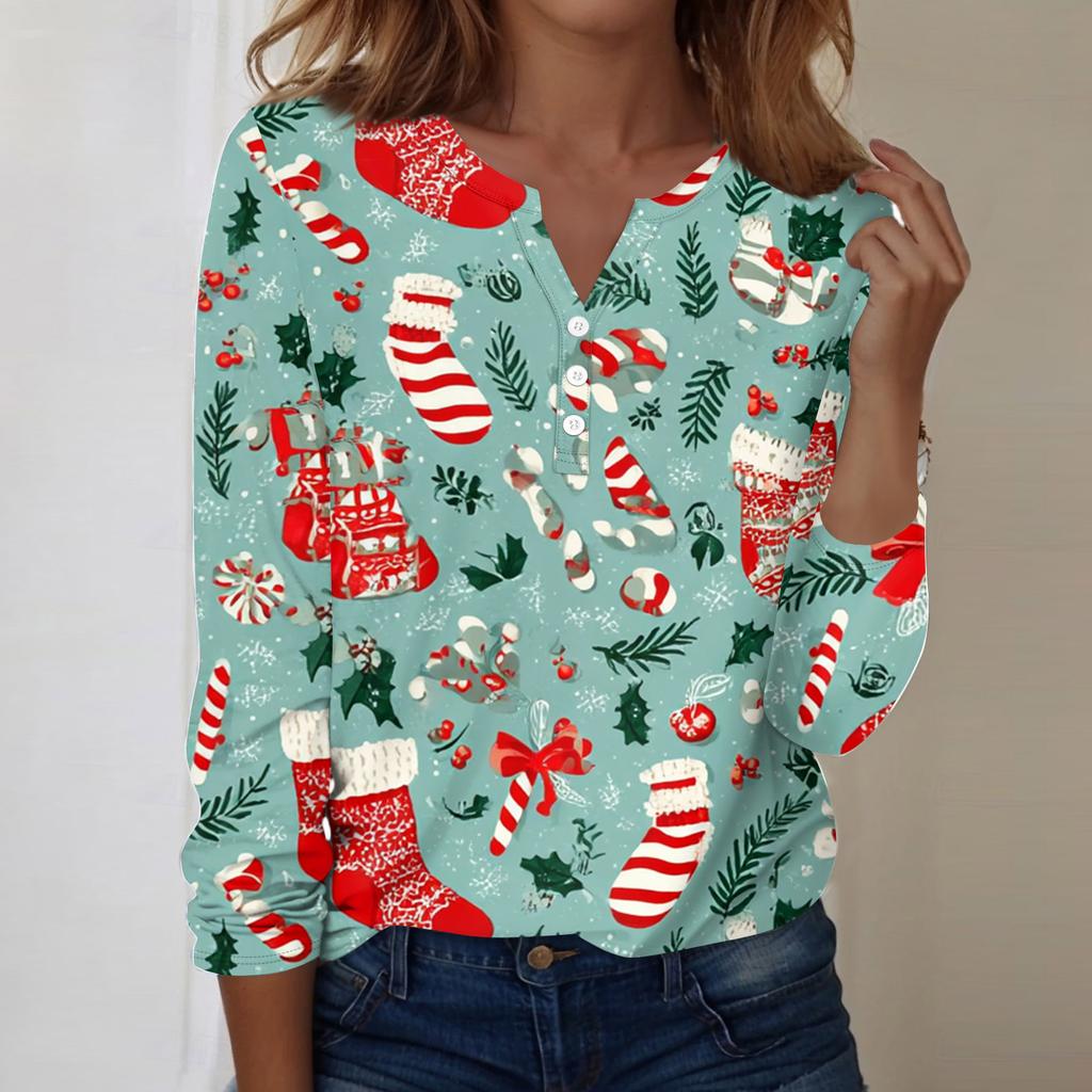 Women's Fashion Casual V-Neck Long Sleeve Decorative Button Christmas Print Top