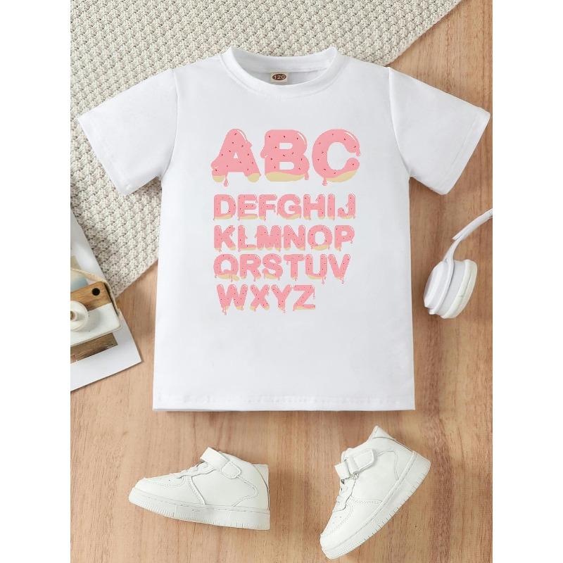 European Size Girls Round-neck Short-sleeved T-shirt with Cute Cartoon Letter Print