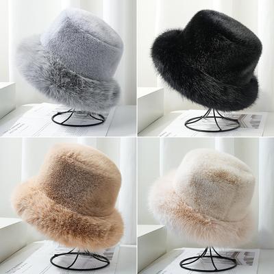 Imitation Pelz Nerz Fischerhut für Damen im Herbst und Winter Großer Kopfumfang Plüsch Samt Hut Kleines Gesicht Warmer Gehörschutz Kopfbedeckung