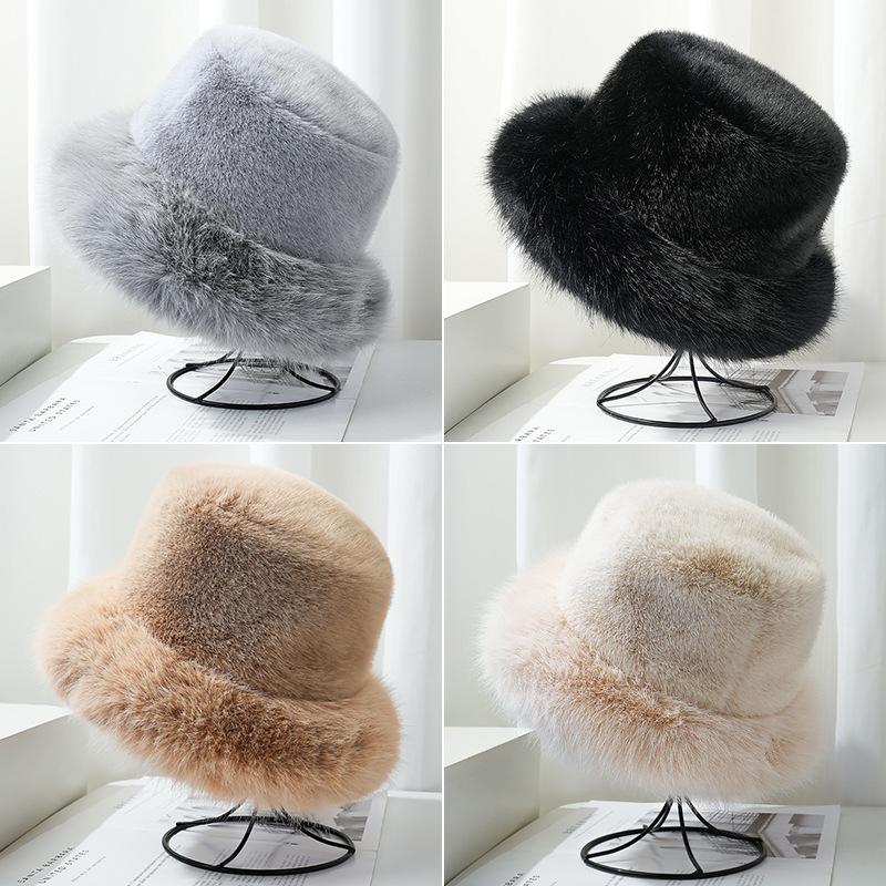 Imitation Fur Mink Fisherman Hat for Women In Autumn and Winter Large Head Circumference Plush Velvet Hat Small Face Warm Ear Protection Headgear