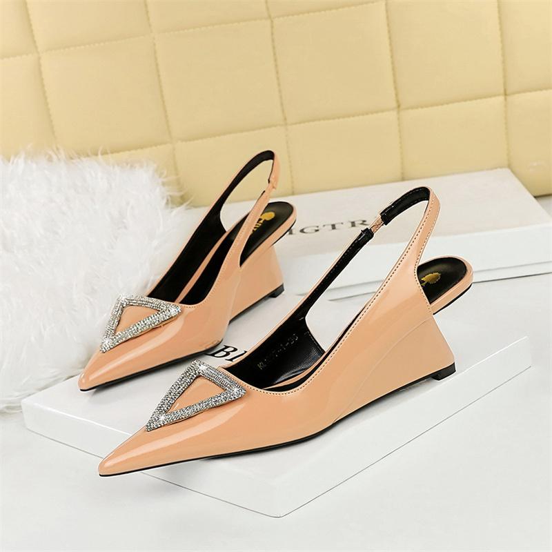 Fashion Wedges Women Shoes High Heel Shallow Pointed Toe Hollow Back Straps Patent Leather Triangle Metal Crystal Buckle Pumps