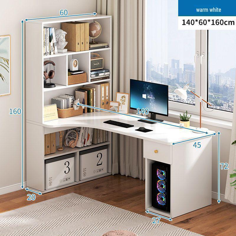 Compact Corner Computer Desk with Integrated Bookshelf & Vanity for Bedroom or Home Office
