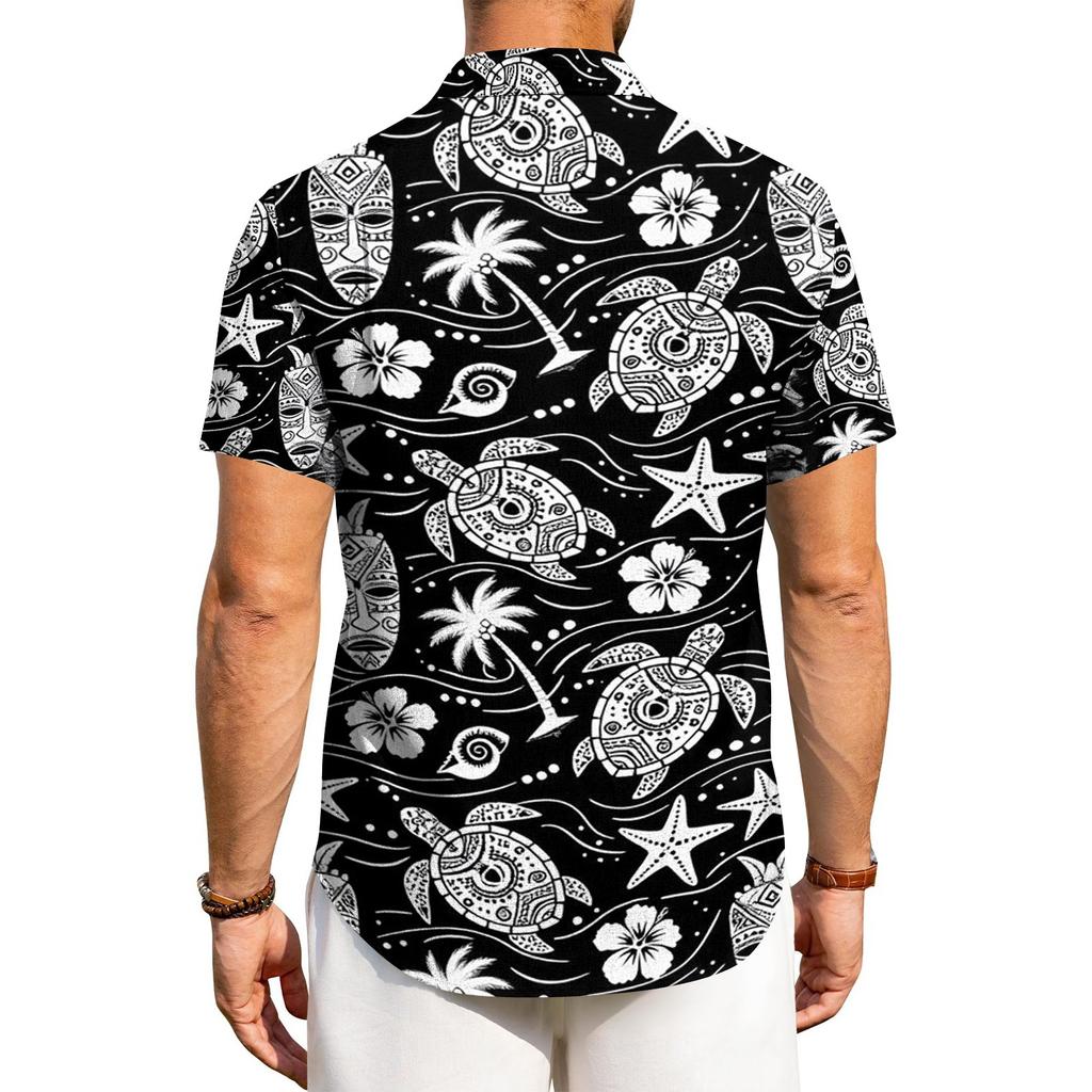 Men's Casual Loose Fit Short Sleeve Hawaiian Shirt Button Down Lightweight Summer Beach Shirt with Shark Print Design