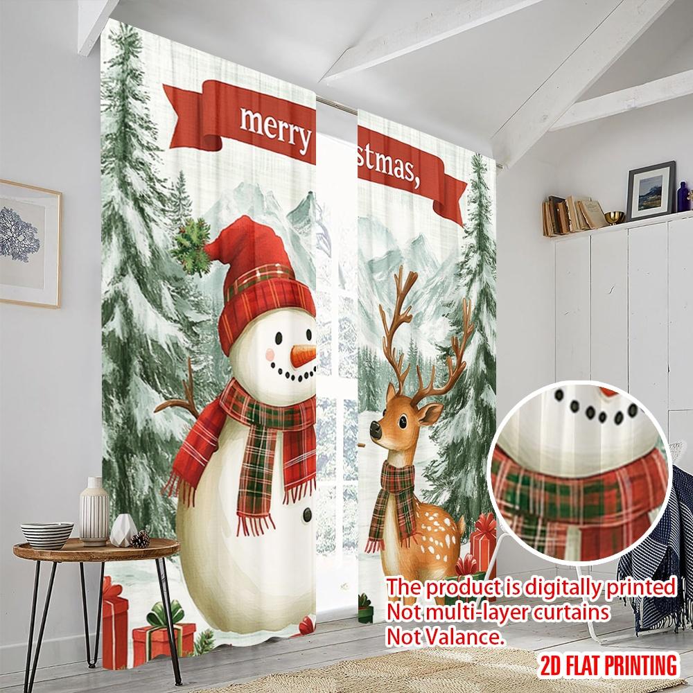 2pcs,2D plane printing Minimalist Curtains Cute Deer Snowman Christmas Winter (2) Durable 100% Polyester Fabric (without rod)